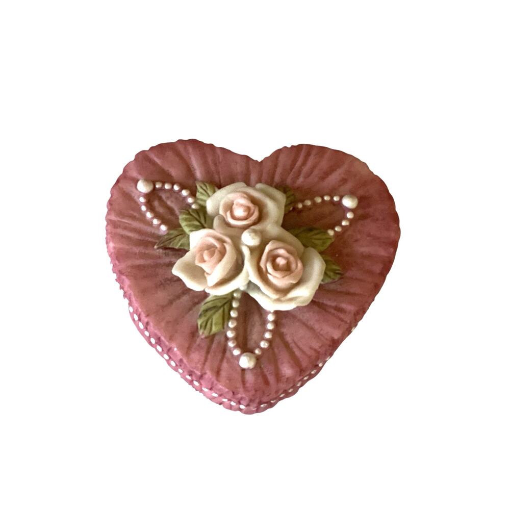 Dezine Hand Painted Heart Trinket Box Roses & Pearls 3.5" Vintage
